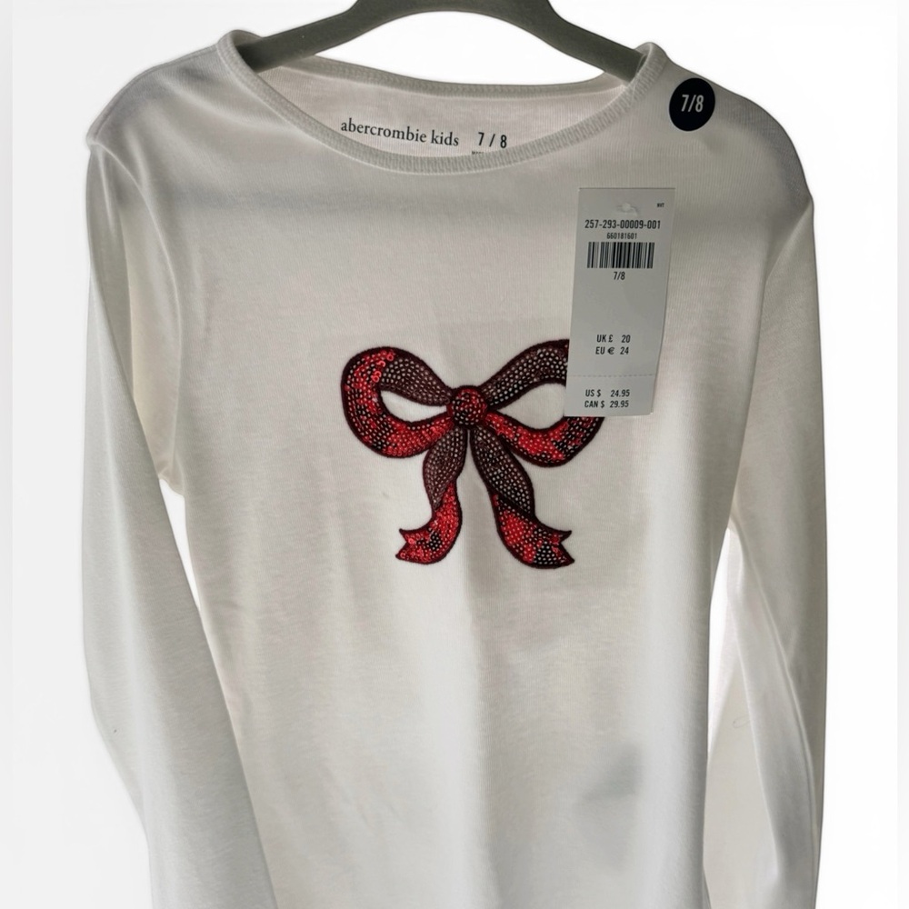 NWT abercrombie kids White Long-Sleeve Tee with Red Sequin Bow size 7/8